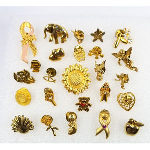 Mix Lot 25 Gold Tone Vinage Current Lapel Pins Assorted Themes Various Pinbacks